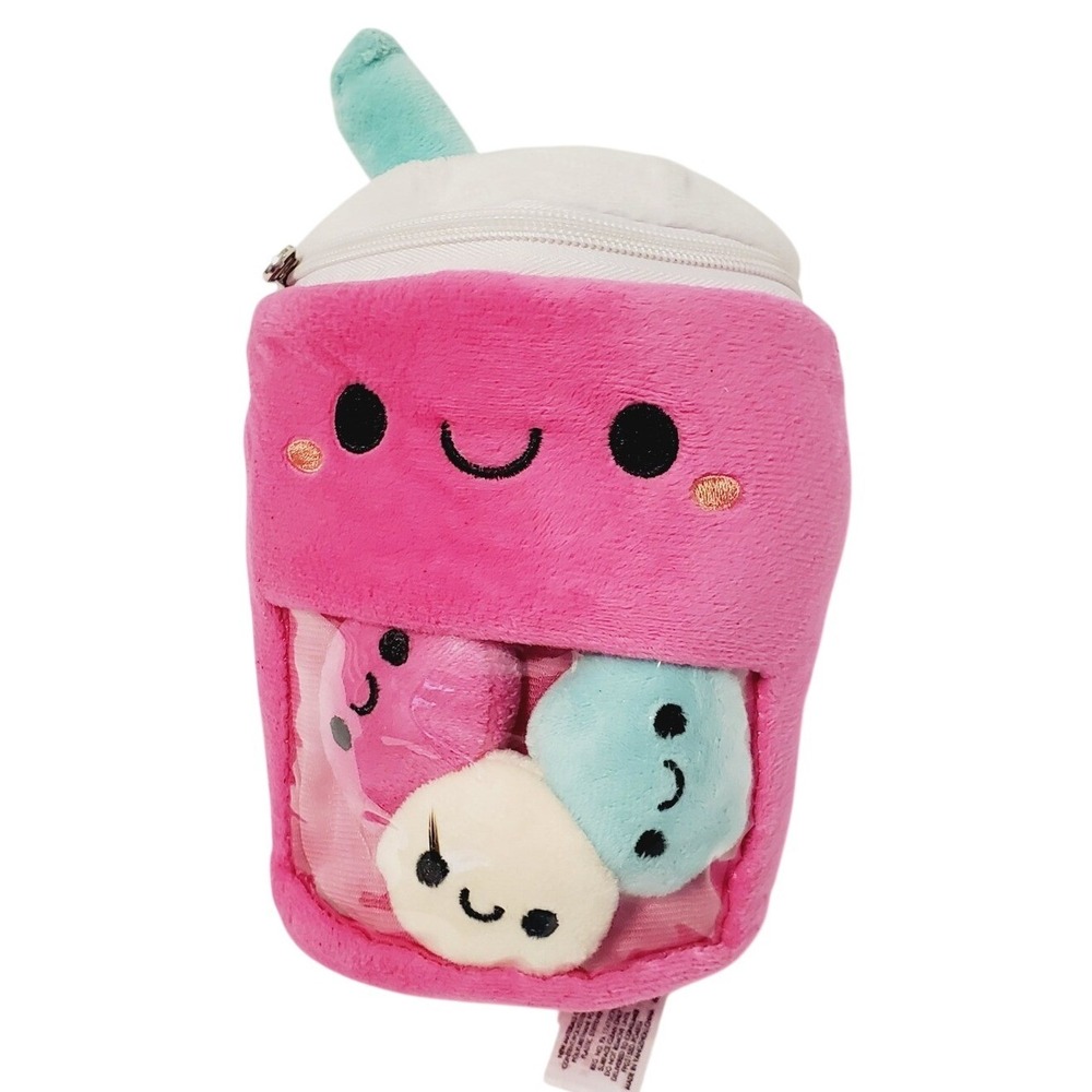 Fiesta Pink Strawberry Boba Plush 7.5 Inch Milk Tea Zippered Toy with 3 Minis